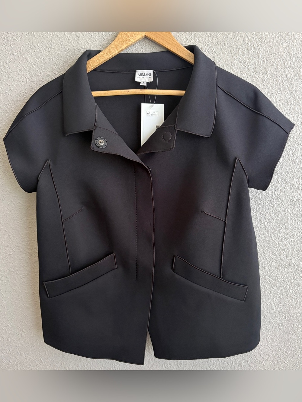 Armani Collezioni Black Short Sleeve Scuba Neoprene Snap Jacket Blazer
